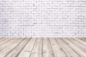 Room interior with white brick wall and wooden floor