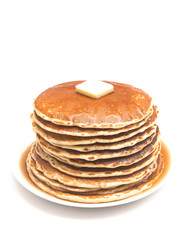 A Stack of Fresh Buttermilk Pancakes with Butter and Syrup on a White Background