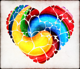 3d render of little shining colorful hearts in one big heart.