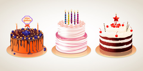 Vector set of different delicious cakes isolated on white background. Birthday cakes with cream chocolate berries and candle for holiday design.