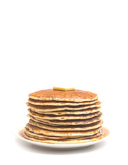 A Stack of Fresh Buttermilk Pancakes with Butter and Syrup on a White Background