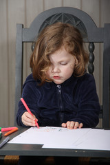 little blonde girl drawing with colors on a paper at home.