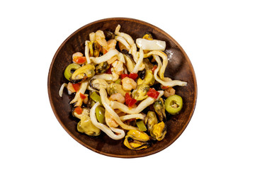 Seafood salad with shrimp, squid and mussels isolated on white background