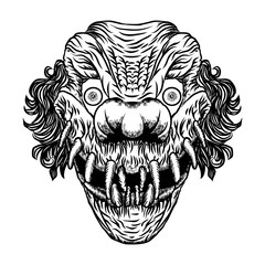 Scary cartoon clown illustration. Blackwork adult flesh tattoo concept. Horror movie zombie clown face character. Vector.