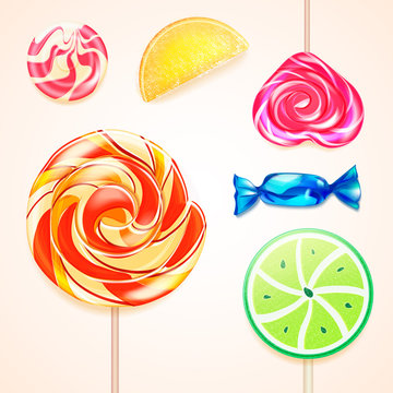Set of 3d sweets and candies icons set isolated. Vector illustration of sweet candy sweetmeat caramel lollipop hard confections