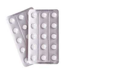 Medicine in tablet package isolated on white background. copy space, template