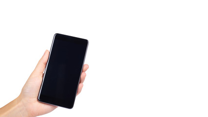 smart phone with blank screen in hand isolated on white background, big mobile, black cellphone, 5.5 inch communicator. copy space, template