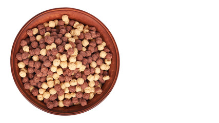 Chocolate breakfast cereal in bowl isolated on white background. copy space, template