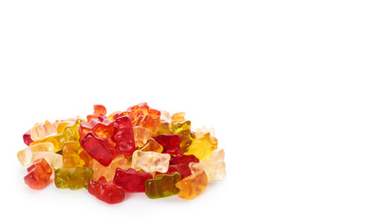 Childhood and jelly bears candies isolated on white background. copy space, template