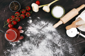 Fresh original Italian raw pizza preparation with fresh ingredients