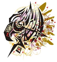 Fototapeta na wymiar Grunge ornate eagle head with colorful splashes. Tribal peaked detailed eagle head symbol with golden feathers elements and the color twirled floral elements, linear patterns. Hand drawn illustration