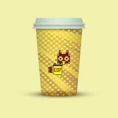 creative pixel paper cup take away coffee. with owl in pixel style