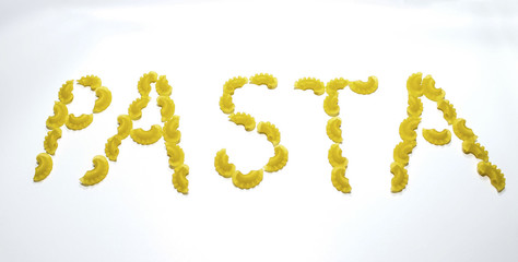 A word of pasta made from macaroni pasta on a white background. Healthy diet and lifestyle.