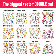 Fantasy, princess, sport, Christmas, Xmas, winter, kitchen, cooking, music, dj, kindergarten, underwater, autumn, school, spring, easter, beach, entertaiment. The biggest vector DOODLE set for kids.