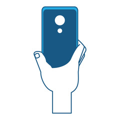 hand holding a smartphone device icon over white background, blue shading design. vector illustration