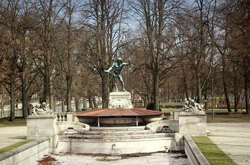 Munich, Germany -Winter view of  Father Rhine fountain in Baroque revival architecture on...