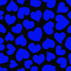 Heart seamless pattern, endless texture. Blue hearts on black background, vector illustration.