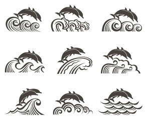 collection with abstract emblem of dolphin and sea wave