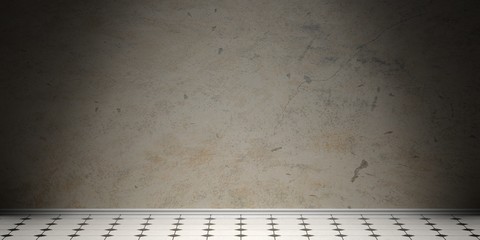 Retro white and black ceramic tiles floor, old grey cement wall and white skirting, copy space. 3d illustration