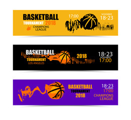 Basketball horizontal banner, set of sports templates for the tournament, abstract ball, web. EPS file is layered, hand-drawn textures, dirty element,  brush.