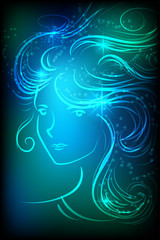 A beautiful girl is drawn lines with a glow effect of neon. Beauty saloon. Vector