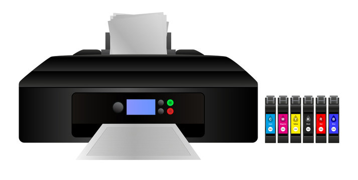 Vector illustration of home digital inkjet printer with cmyk and other inks for a larger gamut