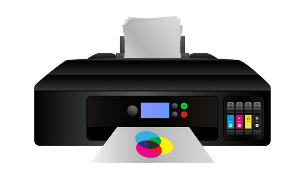 Vector illustration of home digital inkjet cmyk printer with subtractive color mixing