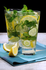 Refreshing cocktail cucumber mojito with lemon slices and mint