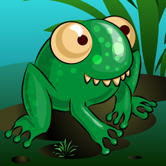 A merry cartoon frog is sitting on a swamp. Vector