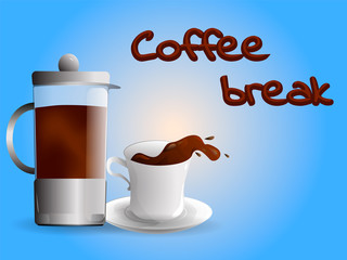 Coffee in a cup and French press. Coffee break. Vector illustration