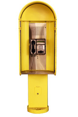 Urban yellow telephone box on an isolated background