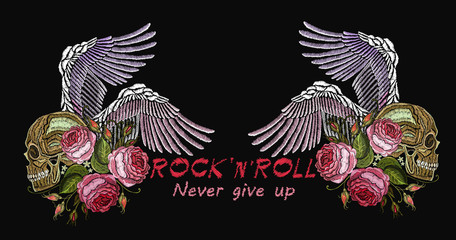 Embroidery music. Rock&rsquo;n&rsquo;roll slogan. Human skull, angel wings and roses gothic art background. Fashionable embroidery template vector for ladies, woman t shirt design