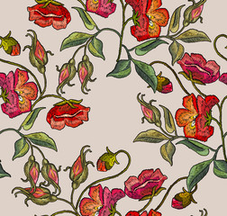Embroidery spring poppies flowers seamless pattern. Template for clothes, textiles, t-shirt design art. Beautiful red poppies classical embroidery seamless pattern
