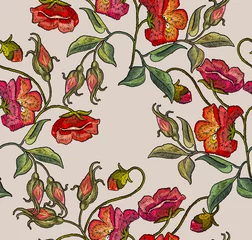 Tapeten Mohnblumen Stickerei Frühlingsmohnblumen nahtloses Muster. Vorlage für Kleidung, Textilien, T-Shirt-Designkunst. Schöne rote Mohnblumen klassische Stickerei nahtlose Muster