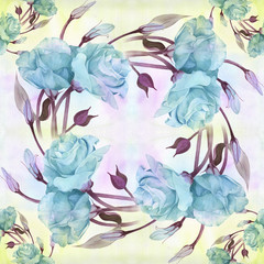 Eustoma - flowers and buds. Collage of flowers, leaves and buds on a watercolor background. Decorative composition on a watercolor background. Seamless pattern.