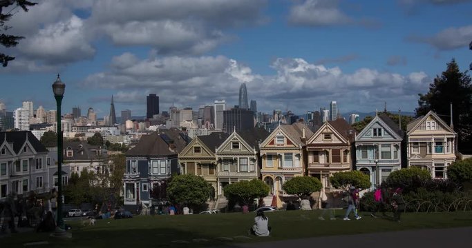 Painted Ladies Victorian Homes. Tourist are gathering in Alamo Park in front of the Painted Ladies to enjoy the beautiful architecture.