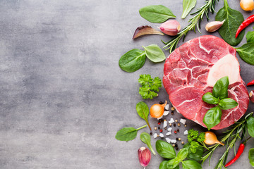 Raw fresh meat Ribeye Steak with spice.