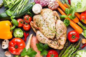 Fresh chicken  meat and vegetables. Flat lay.