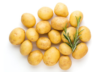 New potato and rosemarin isolated on white background close up.