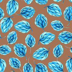 Seamless watercolor pattern of blue artichoke on brown background