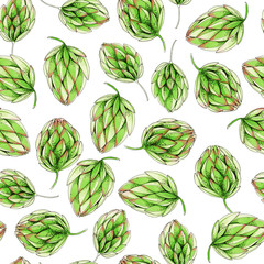 Seamless watercolor pattern of blue artichoke on white background