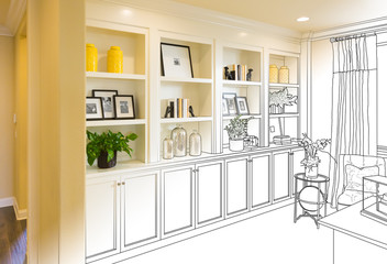 Custom Built-in Shelves and Cabinets Design Drawing Gradating to Finished Photo