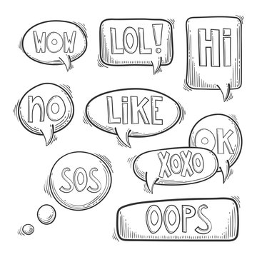 Hand drawn set, doodle speech bubbles with text words - lol, hi, wow, omg, sos, oops, no, yes, huh, ok, like, xoxo. Isolated on white background. Vector image