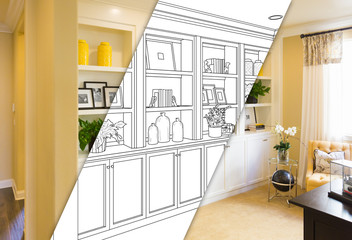 Custom Built-in Shelves and Cabinets Design Drawing with Cross Section of Finished Photo