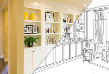 Custom Built-in Shelves and Cabinets Design Drawing with Cross Section of Finished Photo