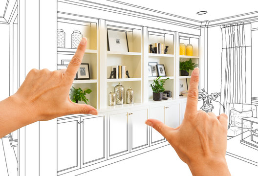 Hands Framing Custom Built-in Shelves and Cabinets Design Drawing with Section of Finished Photo.