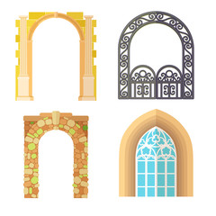 Arch design architecture construction frame classic, column structure gate door facade and gateway building ancient construction vector illustration.