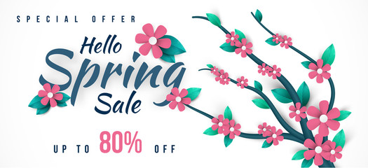 Spring Sale Banner with green leaf and colorful flowers. Vector Design for your greetings card, flyers,  web banner , invitation, posters, brochure, banners, calendar, spring sale.