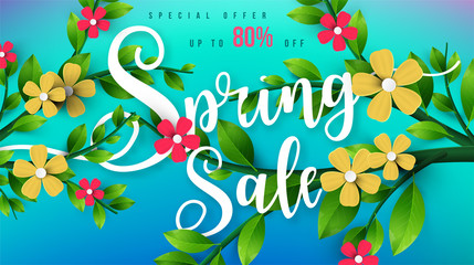 Fototapeta na wymiar Spring Sale Banner with green leaf and colorful flowers. Vector Design for your greetings card, flyers, web banner , invitation, posters, brochure, banners, calendar, spring sale.