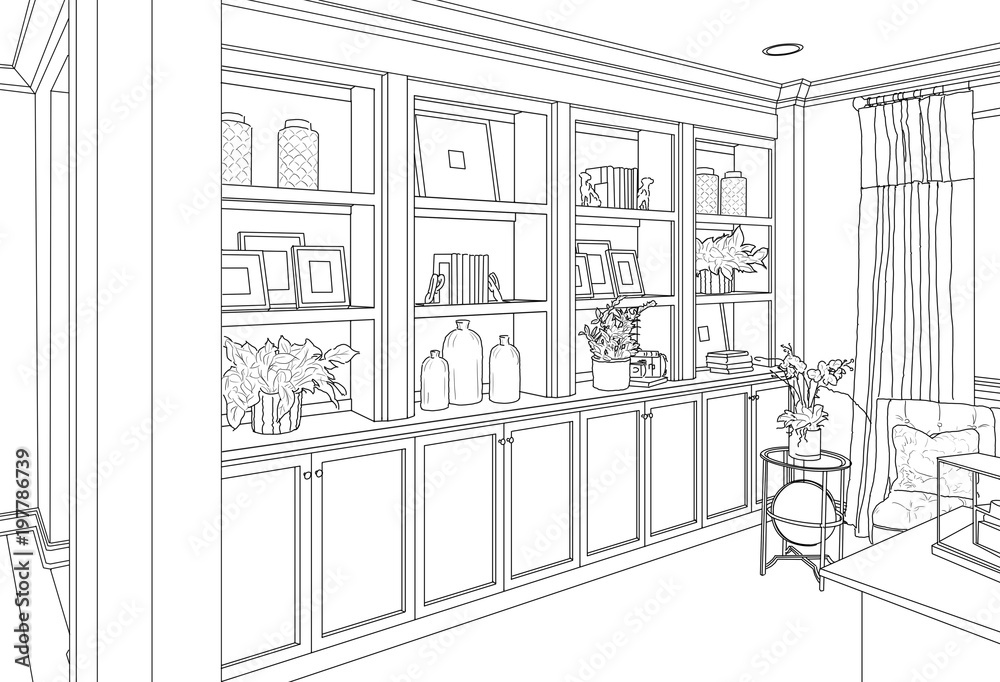 Wall mural detailed drawing of custom living room built-in shelves and cabinets